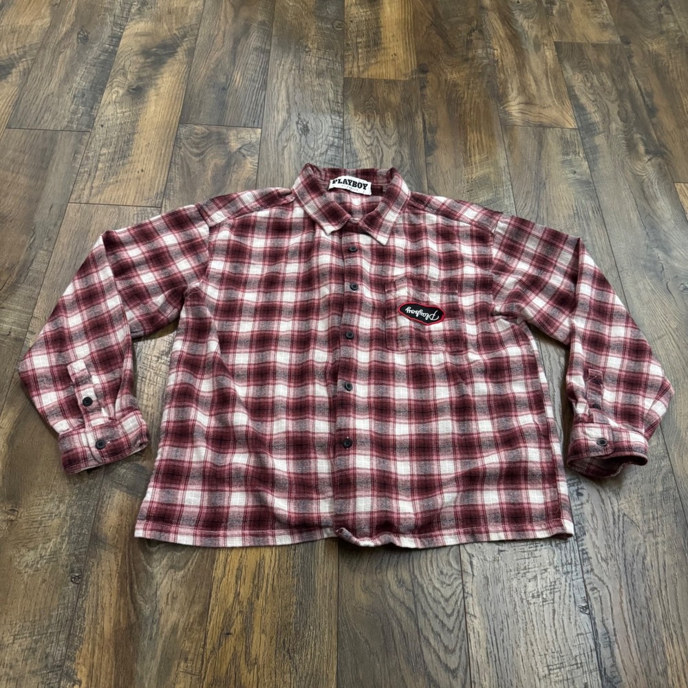 Playboy by PacSun Plaid Flannel Shirt Womens L Bunny Back Graphic Cotton Grunge